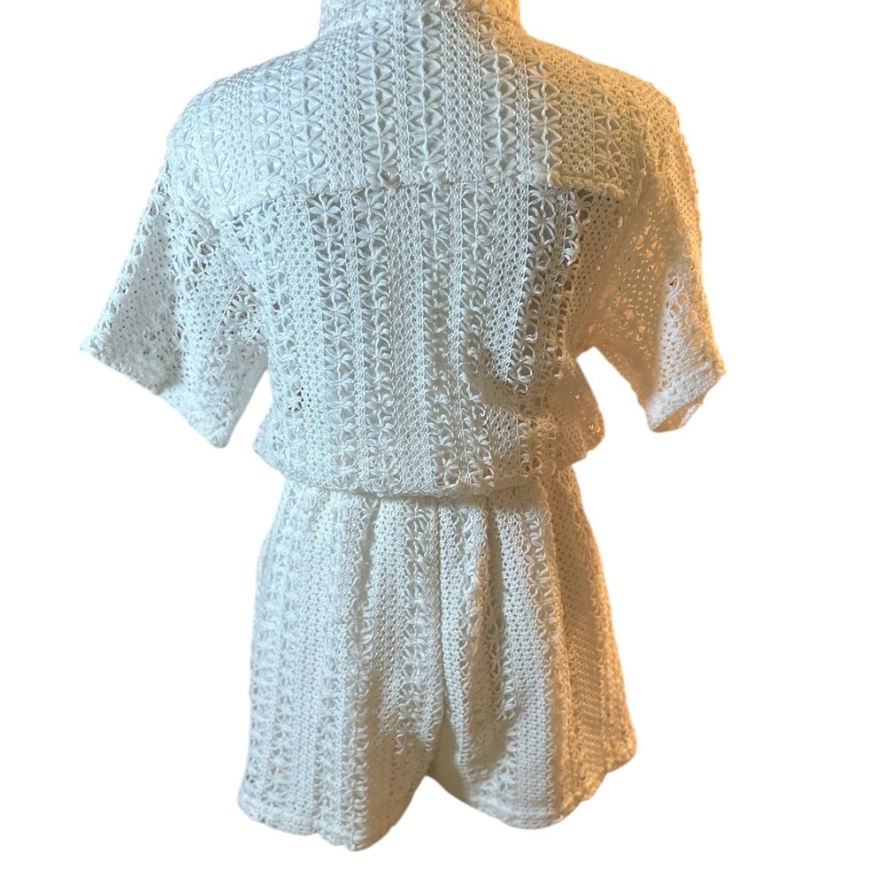 AKIRA Ivory Textured Short Sleeve Crochet Romper - Picture 4 of 12